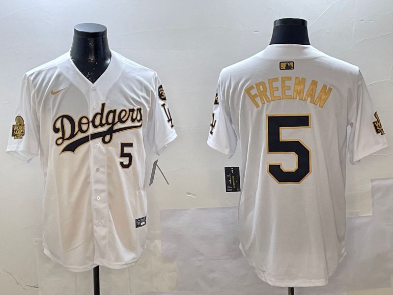 Men Los Angeles Dodgers 5 Freeman White gold Fashion 2025 Nike MLB Jersey style 1